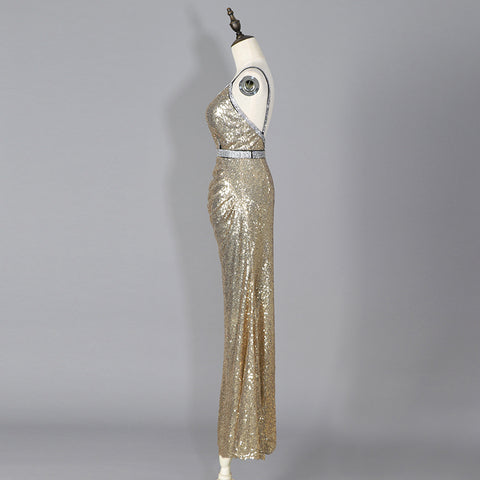 Stylish Design Deep V Neck High Quality Gold Spaghetti Strap Maxi Length Bodycon Sexy Sequin Dress Evening