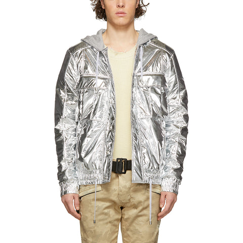 Silver Hot Selling Hooded with Drawstring Padded Men Fashionable Winter Wearing Metallic Jacket