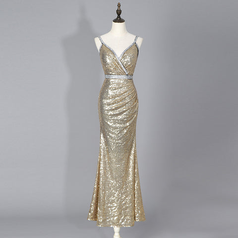 Stylish Design Deep V Neck High Quality Gold Spaghetti Strap Maxi Length Bodycon Sexy Sequin Dress Evening
