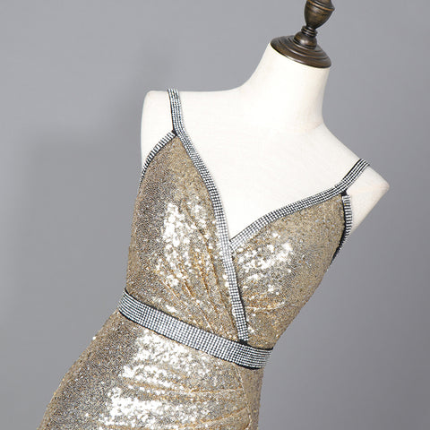 Stylish Design Deep V Neck High Quality Gold Spaghetti Strap Maxi Length Bodycon Sexy Sequin Dress Evening