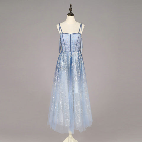 Newly Arrival Beautiful Design Thin Velvet Strap Off Shoulder Formal Women Clothing Blue Sequin Dress