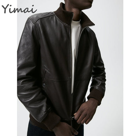 OEM new arrival waterproof turn-down collar leather ribbed cuffs welt pockets zip up bomber designer jacket for men