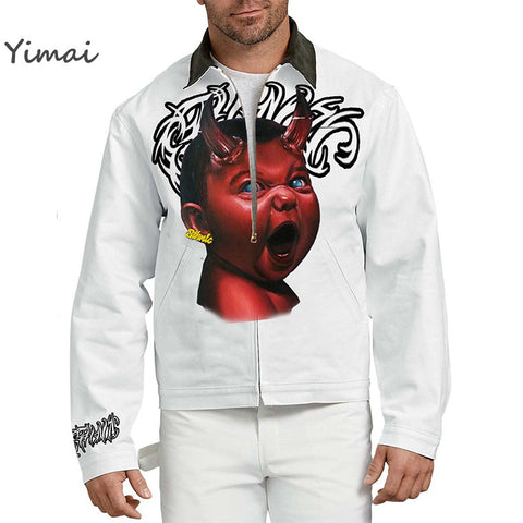 Wholesale Clothing Mens Designer Jacket White Cotton Front Zip Big Print Painter's Flannel Lined Denim Jacket