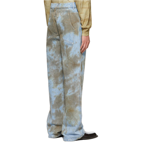 custom high street mid rise tie dye pattern contrast stitching washed denim loose flare jeans