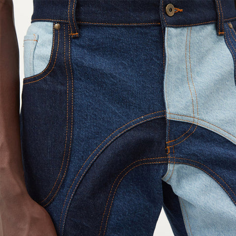 Oem high quality custom design 100% cotton color blocking denim pants button fly mens straight denim jeans