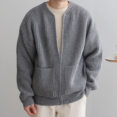 Custom Logo Winter 100% Cotton Windbreak Ribbed Wool Full Zipper Sport Outdoor Plus Size Men's Cardigan Sweater With Pockets