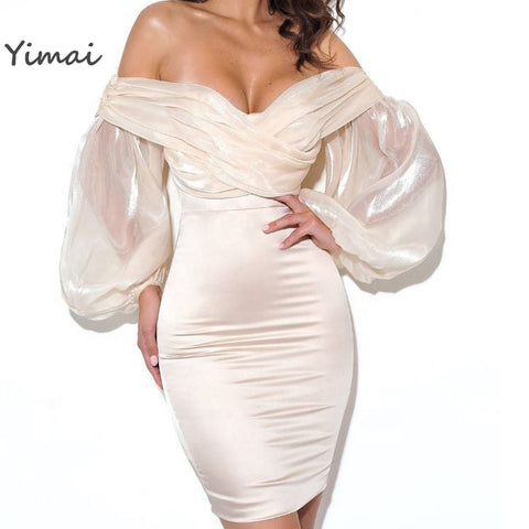 Custom Ladies Sexy Women Elegant Balloon Sleeve Prom dresses Satin Bodycon with for Evening Dresses