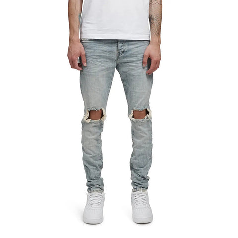 OEM men's denim clothing custom logo slim fit distressed pant skinny ripped jeans for men