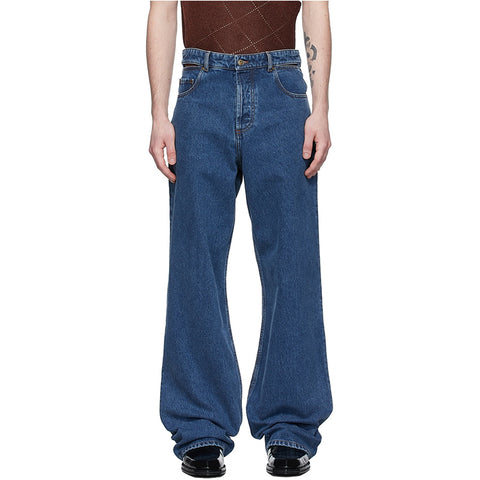 Men's hip hop modern retro custom logo on pocket cut out at waist no stretch navy blue denim jeans