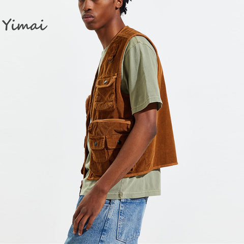 Custom 100% Cotton Fashion Relaxed Fit Multiple Pockets Corduroy Utility Vest for Men