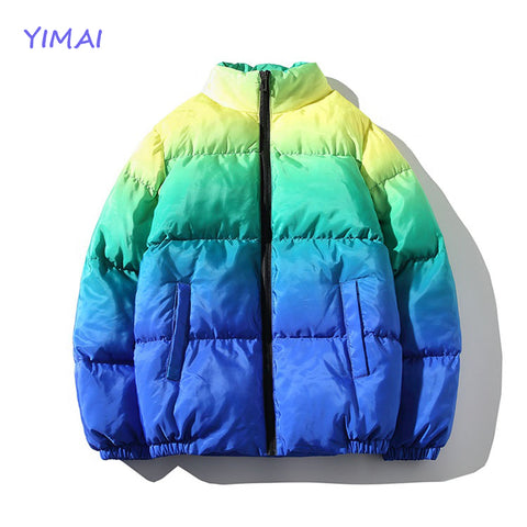 Custom 2022 Winter Warm Street Wear Loose Fit All Over Dip Dye Gradient Print Warm Thick Puffer Down Coats Bubble Coats For Men