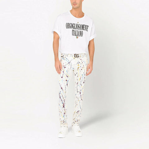 good quality biker pants men's paint splatter skinny jeans white stretch denim pants ripped custom jeans