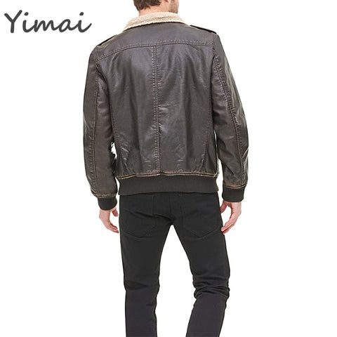 OEM High Quality Outdoor Windproof Heavyweight Warm Zip Up Turn-down Collar Faux Leather Bomber Men' Jackets