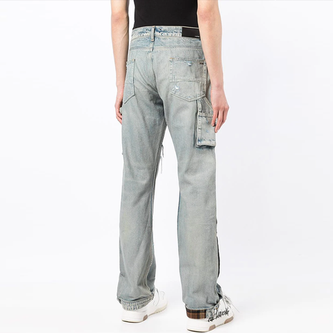 Factory wholesale custom design button waist straight jeans leg opening slit button distressed frayed washed men denim pants