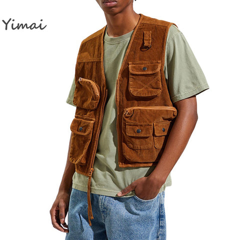 Custom 100% Cotton Fashion Relaxed Fit Multiple Pockets Corduroy Utility Vest for Men
