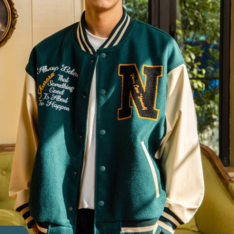 Wholesale Custom 2022 Winter Men Letters Patchwork Bomber Jackets Cool Baseball Jackets Chenille Embroidery Varsity Jackets