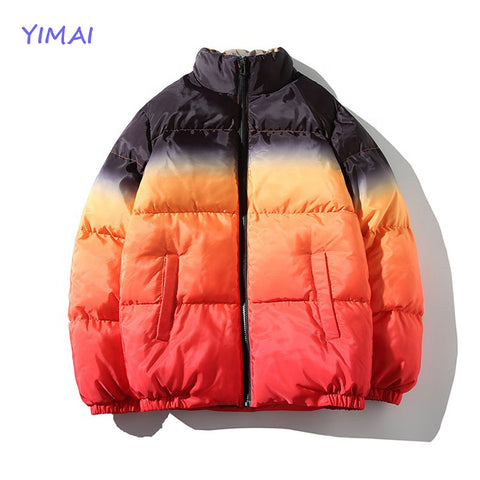 Custom 2022 Winter Warm Street Wear Loose Fit All Over Dip Dye Gradient Print Warm Thick Puffer Down Coats Bubble Coats For Men