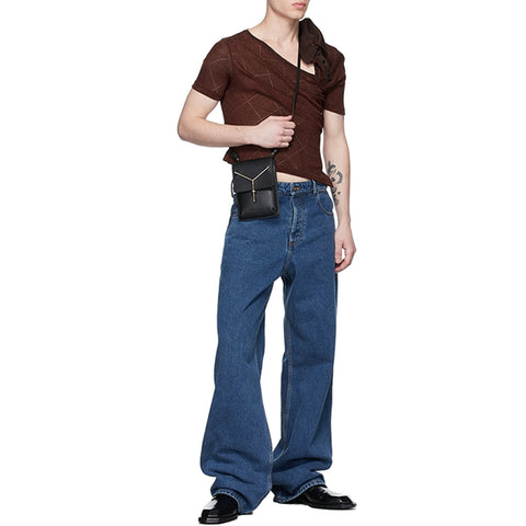 Men's hip hop modern retro custom logo on pocket cut out at waist no stretch navy blue denim jeans