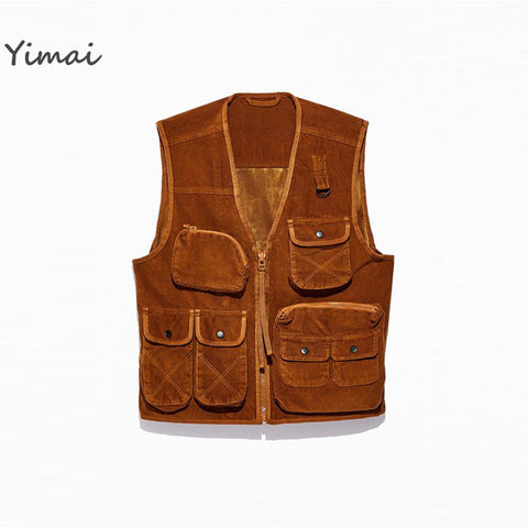 Custom 100% Cotton Fashion Relaxed Fit Multiple Pockets Corduroy Utility Vest for Men