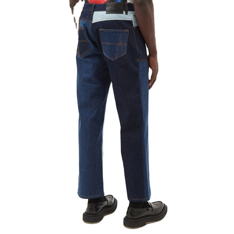Oem high quality custom design 100% cotton color blocking denim pants button fly mens straight denim jeans