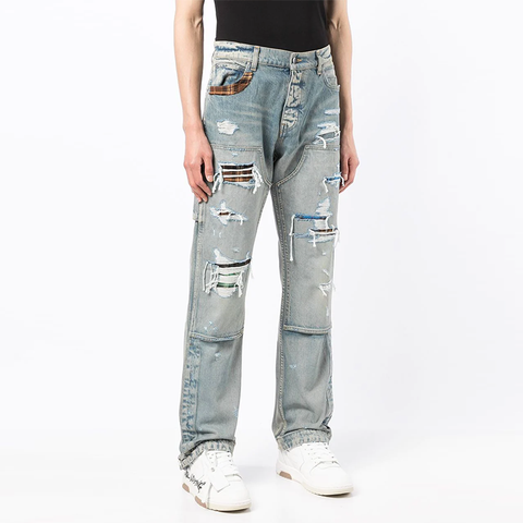 Factory wholesale custom design button waist straight jeans leg opening slit button distressed frayed washed men denim pants