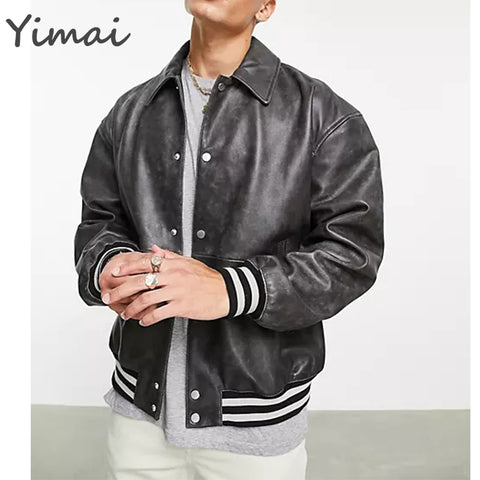OEM wholesale custom logo zip up oversized pu leather turn down collar winter varsity bomber men designer jacket
