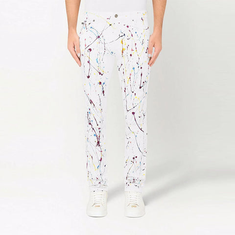 good quality biker pants men's paint splatter skinny jeans white stretch denim pants ripped custom jeans