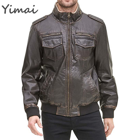 OEM High Quality Outdoor Windproof Heavyweight Warm Zip Up Turn-down Collar Faux Leather Bomber Men' Jackets