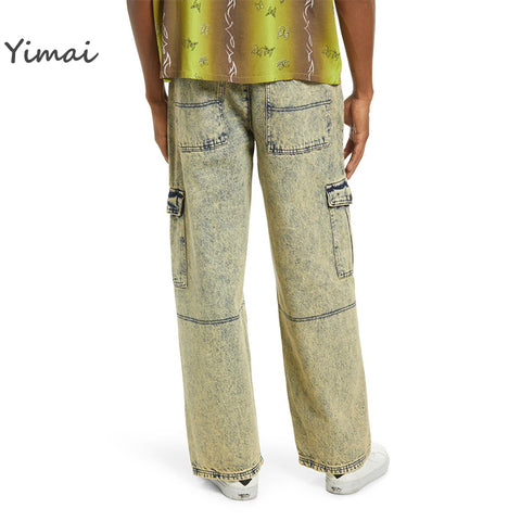 OEM good quality 100% cotton grungy wash modern relaxed fit big jeans with cargo pockets for men