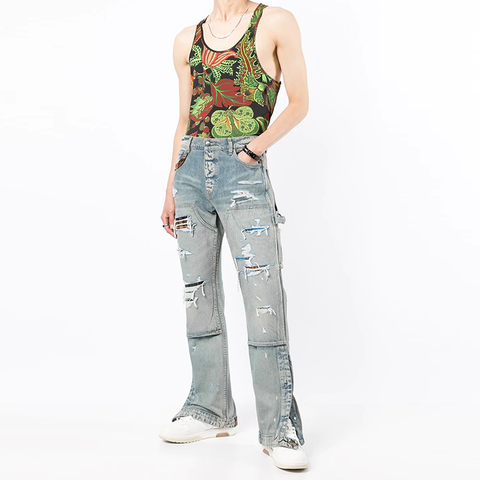 Factory wholesale custom design button waist straight jeans leg opening slit button distressed frayed washed men denim pants