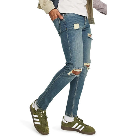 High Quality Custom Mens Heavy Weight Faded Wash Knee Rips Super Stretch Skinny Distressed Jeans