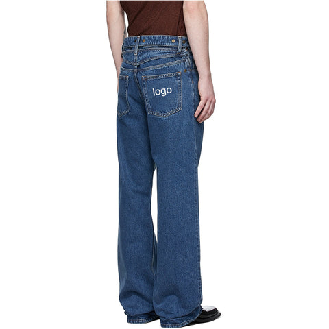 Men's hip hop modern retro custom logo on pocket cut out at waist no stretch navy blue denim jeans