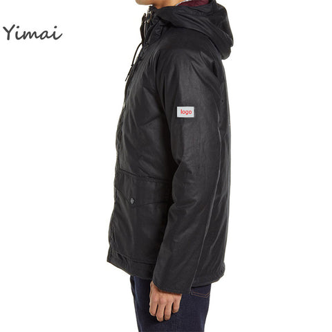 Custom zipper opening multi-pocket waterproof durable waxed cotton canvas hooded jacket for men