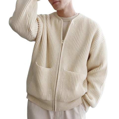 Custom Logo Winter 100% Cotton Windbreak Ribbed Wool Full Zipper Sport Outdoor Plus Size Men's Cardigan Sweater With Pockets
