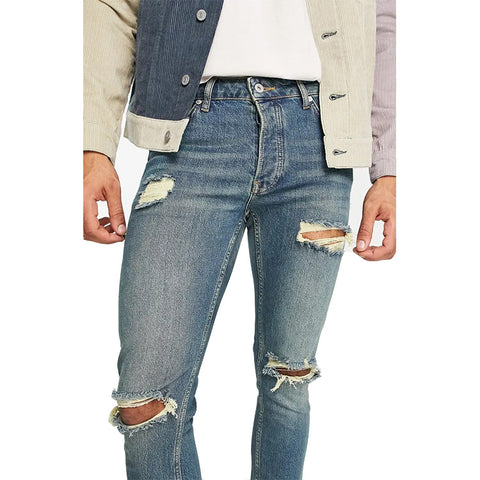 High Quality Custom Mens Heavy Weight Faded Wash Knee Rips Super Stretch Skinny Distressed Jeans
