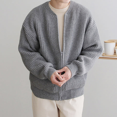 Custom Logo Winter 100% Cotton Windbreak Ribbed Wool Full Zipper Sport Outdoor Plus Size Men's Cardigan Sweater With Pockets