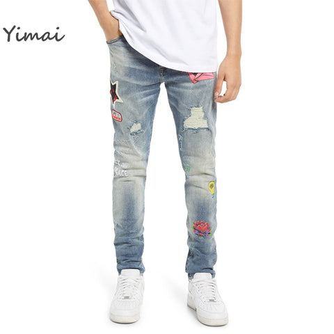 Custom men's new design streetwear distressing rip medium wash bootcut chenille embroidery jeans