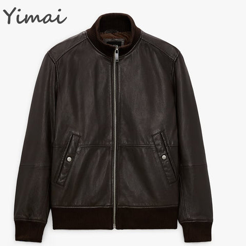 OEM new arrival waterproof turn-down collar leather ribbed cuffs welt pockets zip up bomber designer jacket for men